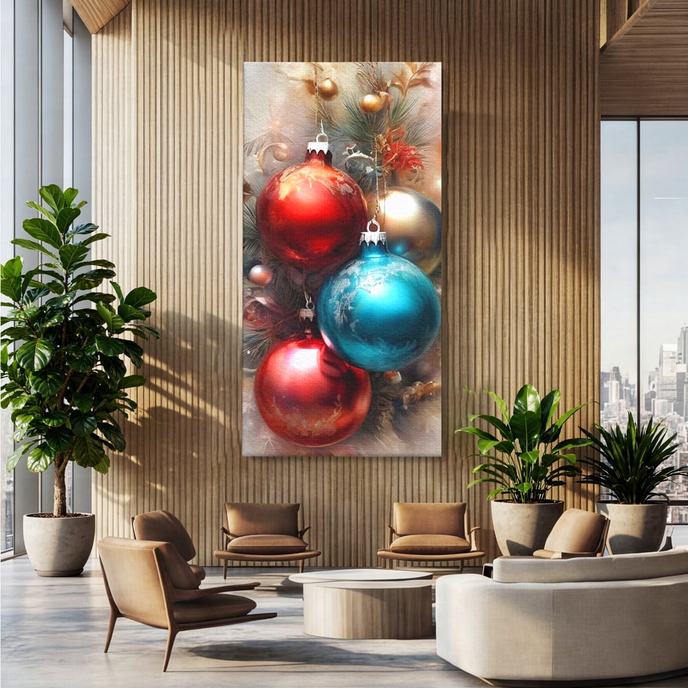 Tablou canvas cu tablou canvas cu globuri de craciun, fara rama, pe sasiu de lemn, pe perete intr-un birou